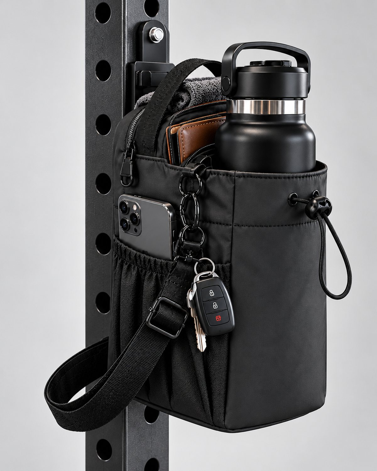 Magnetic Gym Bag holding onto a steel upright with bottle, phone and keys